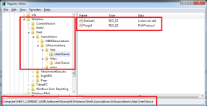Screenshot of registry configuration for default browser
